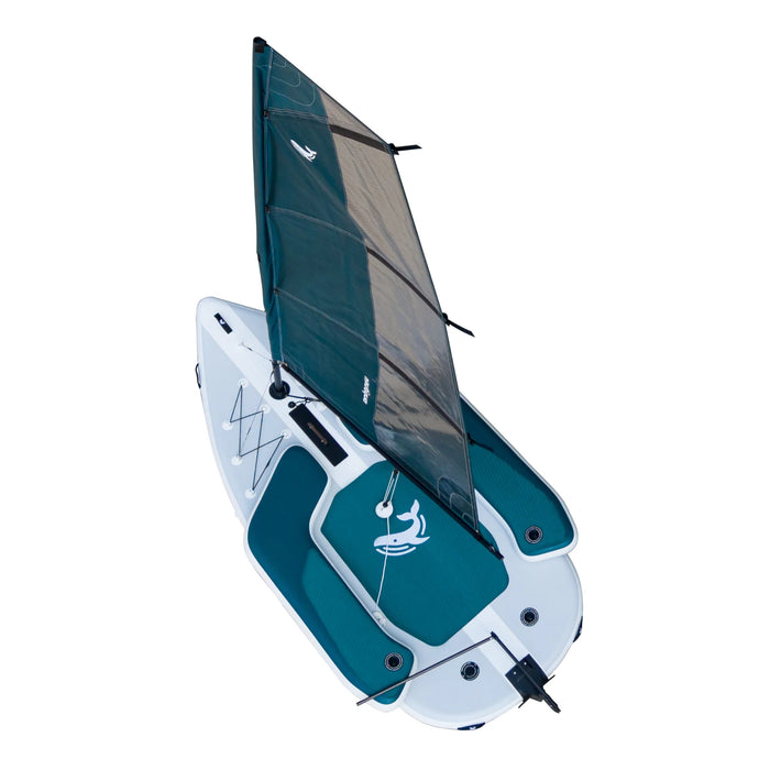 Windsurf board with teal sail on a white background