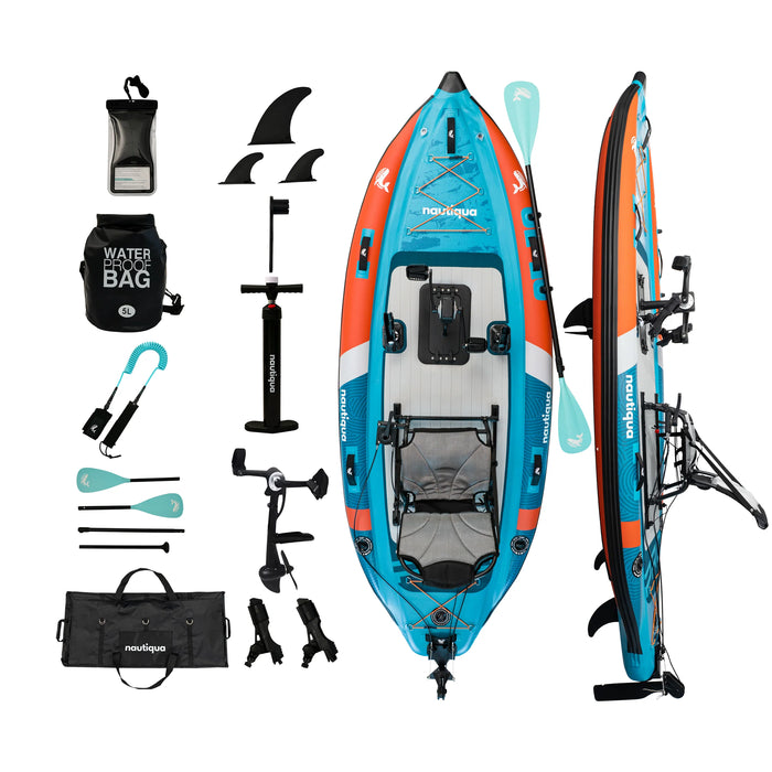 Blue and orange inflatable kayak with accessories on a white background