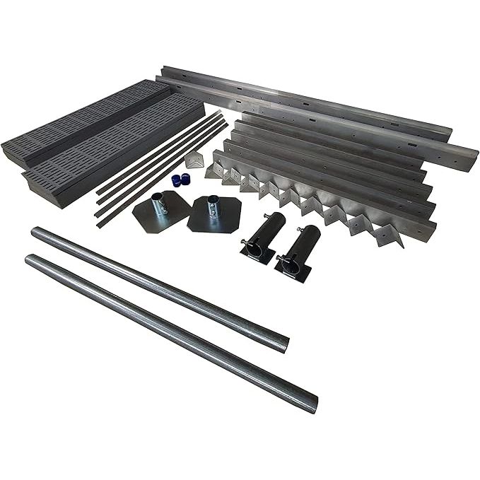 Collection of metal components including brackets, rods, and plates on a white background