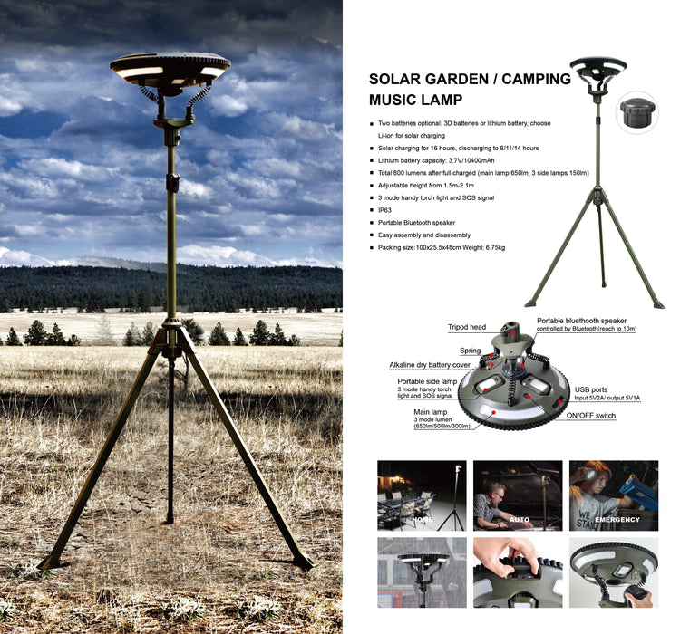 TRU De-LIGHT Multipurpose Singing Music Solar LED Light - Garden, Camping Portable Light, Strong Bluetooth Speaker / Main Light + 3 Independent Detachable Multi Mode Lights / Tripod+Carry Bag - Aqua Gear Supply