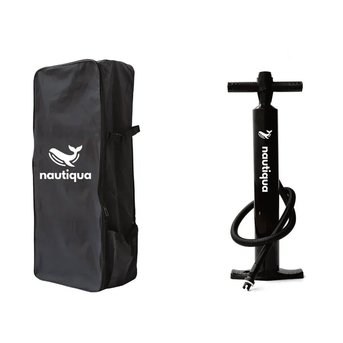 Black inflatable boat bag and pump with Nautiqua branding on a white background