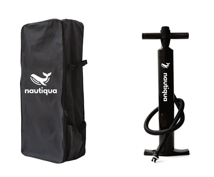 Black inflatable boat bag and pump with Nautiqua branding on a white background