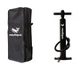 Black inflatable boat bag and pump with Nautiqua branding on a white background