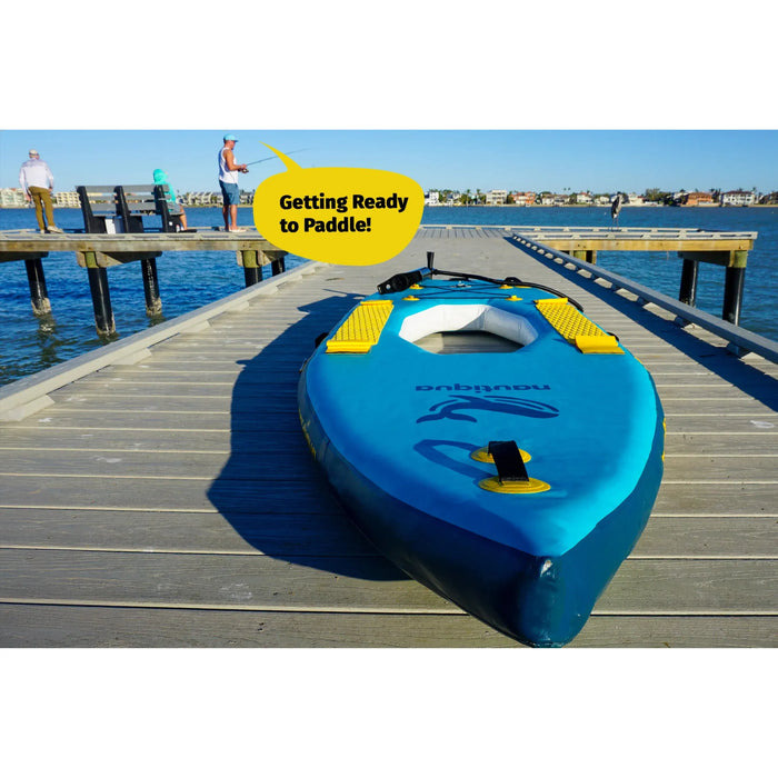 Blue and yellow kayak on a dock with people in the background and text 'Getting Ready to Paddle!'.