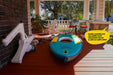 Inflatable kayak on a wooden deck with assembly tools and text overlay.