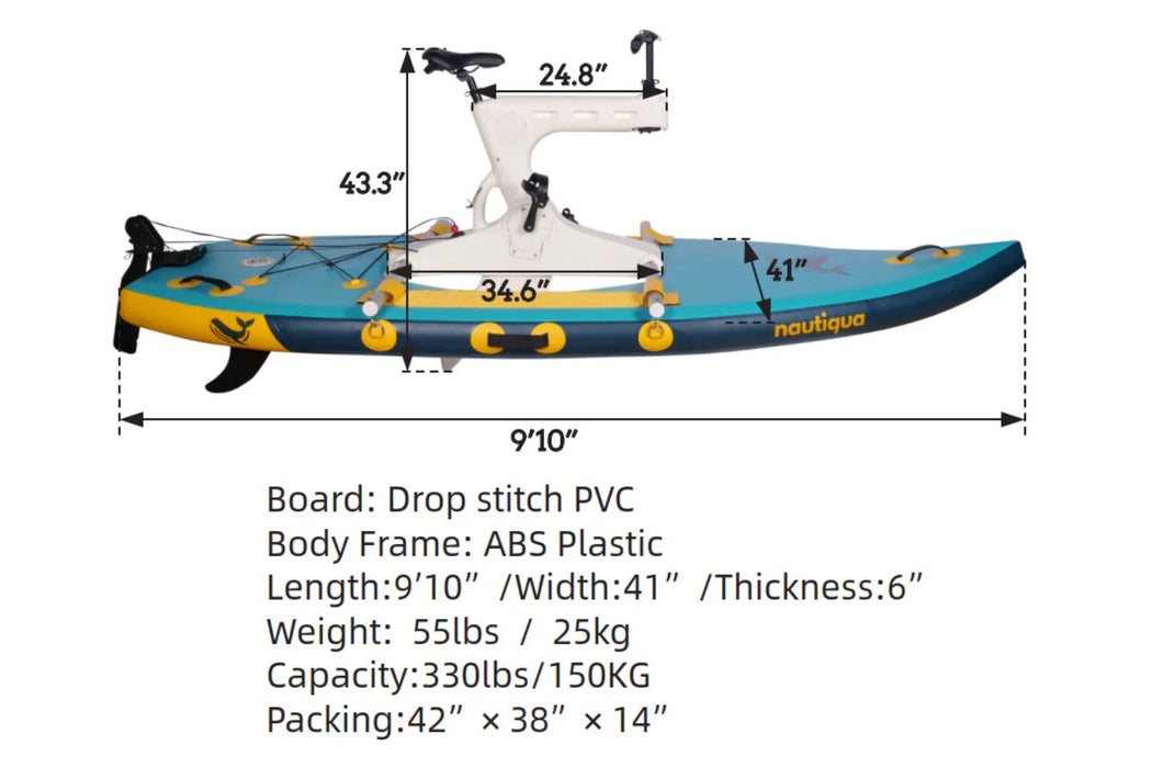 Inflatable kayak with measurements and specifications on a white background