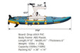 Inflatable kayak with measurements and specifications on a white background