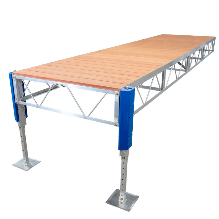 Wooden platform with metal frame and blue support on a white background