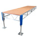 Wooden platform with metal frame and blue support on a white background