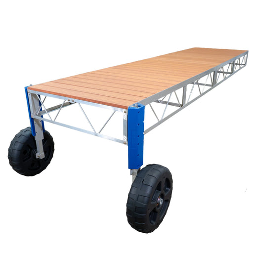 Wooden platform with metal frame and large wheels on a white background