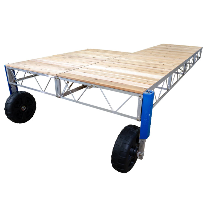 Portable stage with wooden platform and wheels on a white background