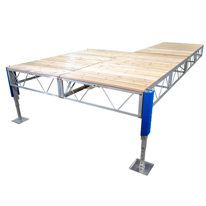 Wooden stage platform with metal frame and blue legs on a white background