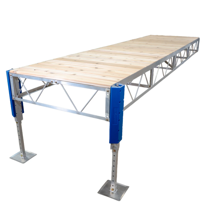 Portable stage platform with wooden surface and metal frame on a white background