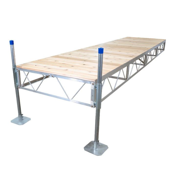 platform with wooden surface and metal frame on a white background