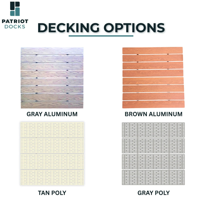 Color swatches of decking options including gray aluminum, brown aluminum, tan poly, and gray poly with Patriot Docks branding.