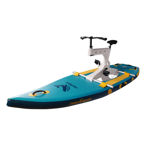 Blue and yellow kayak with a bike rack on a white background