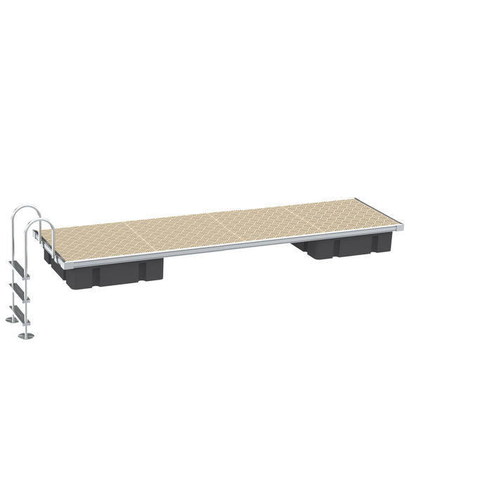 Stage platform with wooden surface and metal railing on a white background