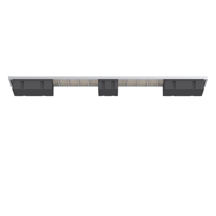 Ceiling-mounted light fixture with three black lights on a white background