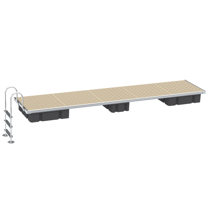 Portable stage with wooden platform and metal rail on a white background