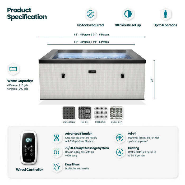 Garda | 4/6-Person Eco Foam Hot Tub | Square | Built-In Integrated Heater