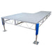 Metal stage platform with blue protective covers on a white background