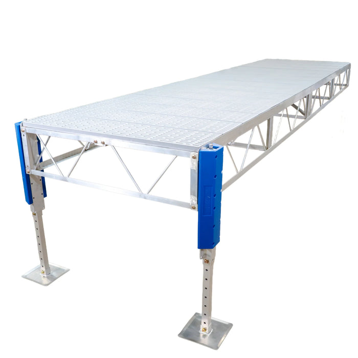 Metal workbench with blue support legs on a white background