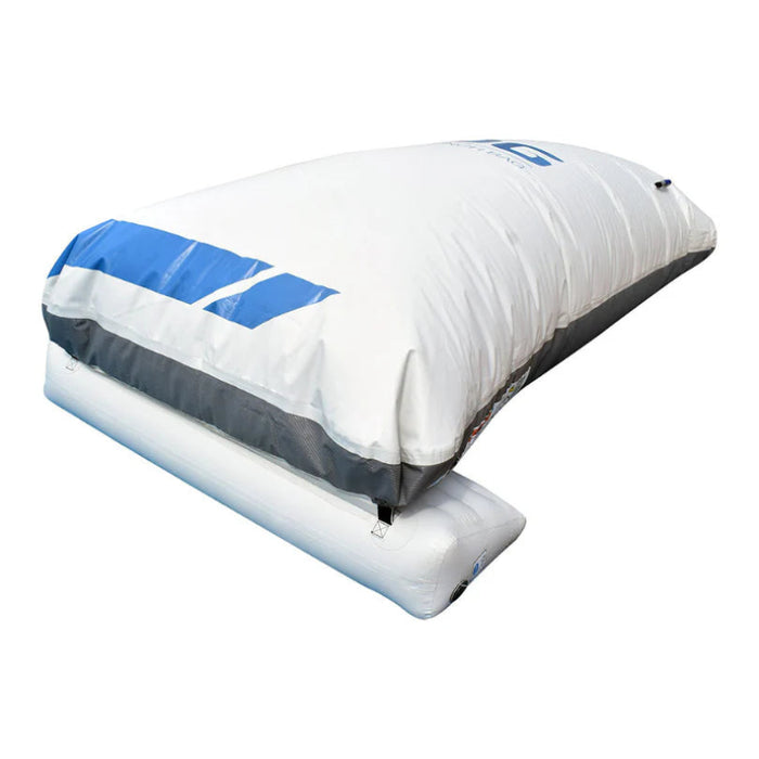 Inflatable pool float with blue and gray accents on a white background