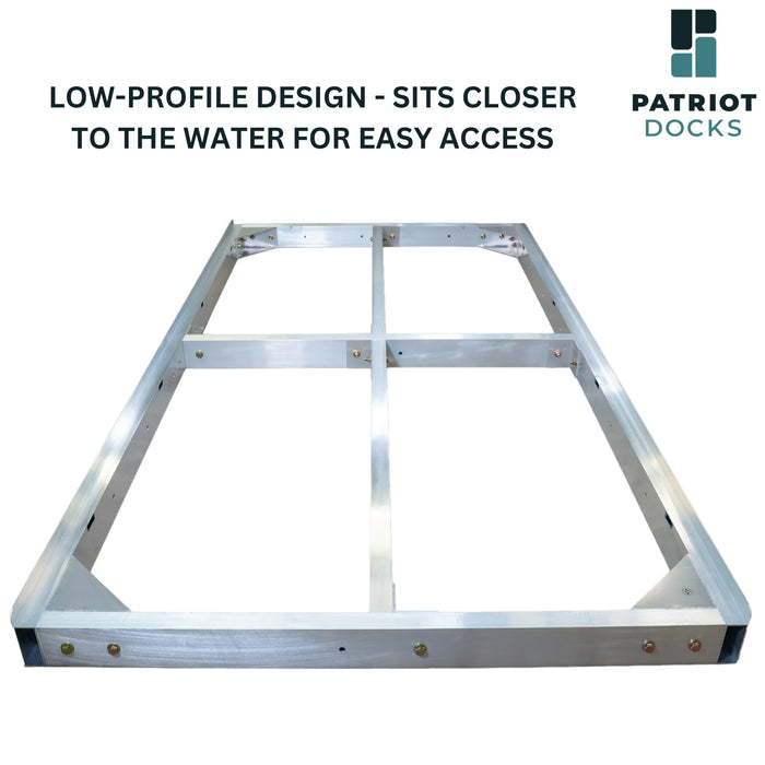 Metal dock support structure with text about low-profile design and Patriot Docks branding.