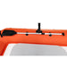 Orange inflatable kayak with a paddle on a white background