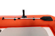 Orange inflatable kayak with a paddle on a white background