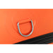 Close-up of an orange luggage handle with a metal ring
