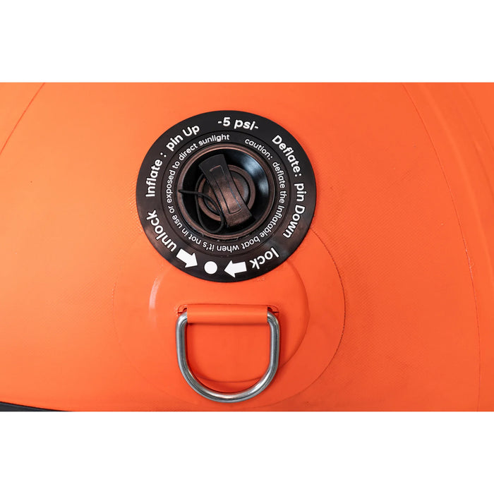 Close-up of an orange inflator with a black valve and metal handle on a matching orange background.