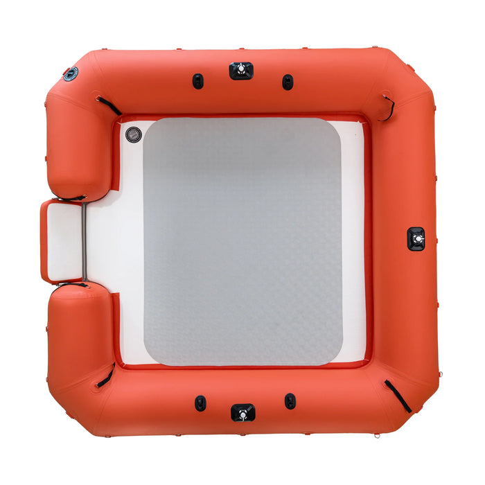 Orange inflatable raft with a white interior on a white background