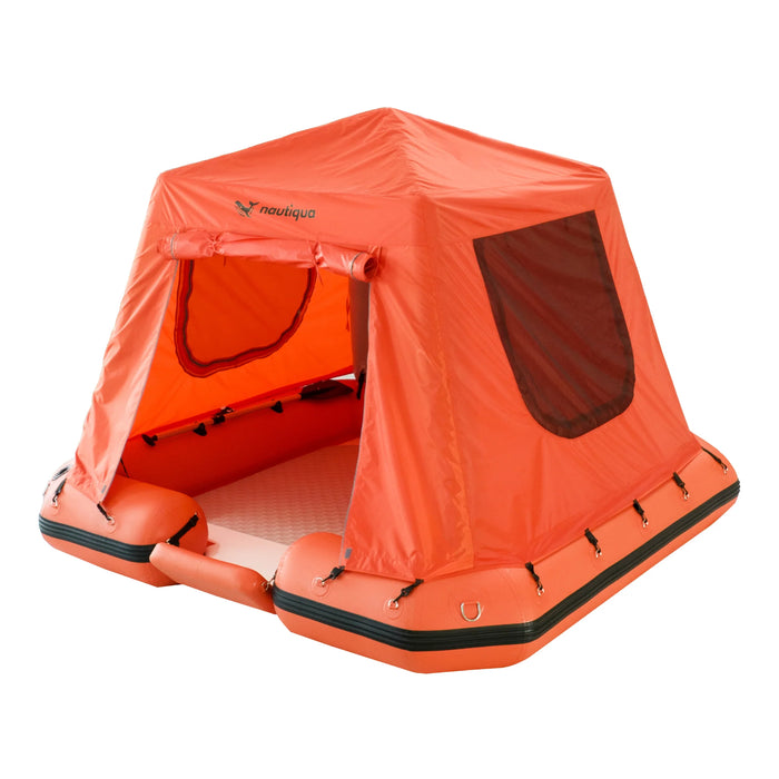 Orange inflatable tent with a visible brand logo on a white background