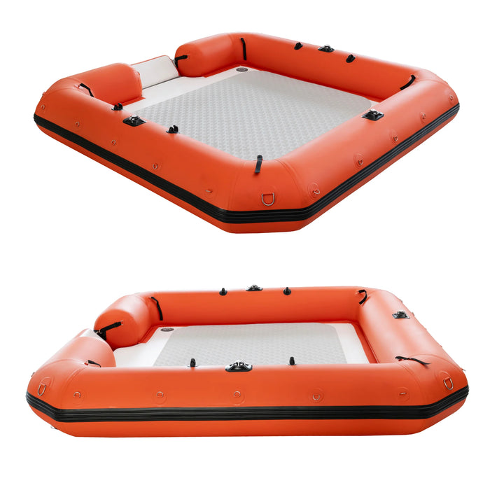 Two views of an orange inflatable raft on a white background