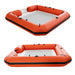 Two views of an orange inflatable raft on a white background