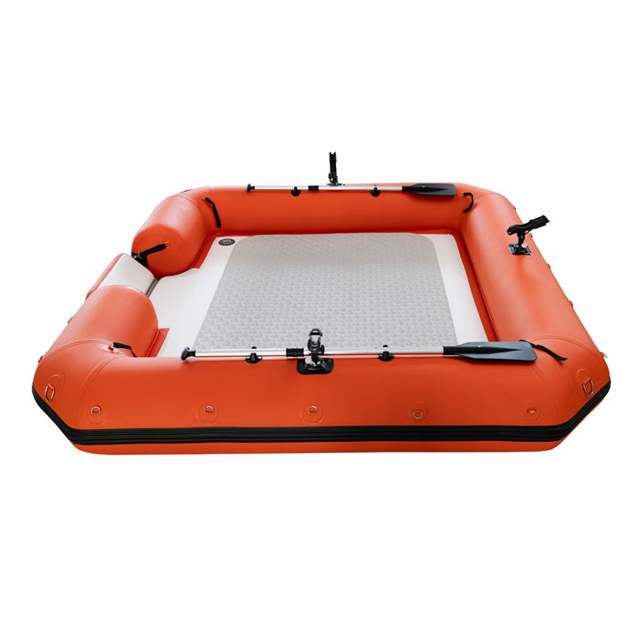 Orange inflatable raft with a white mat on a white background