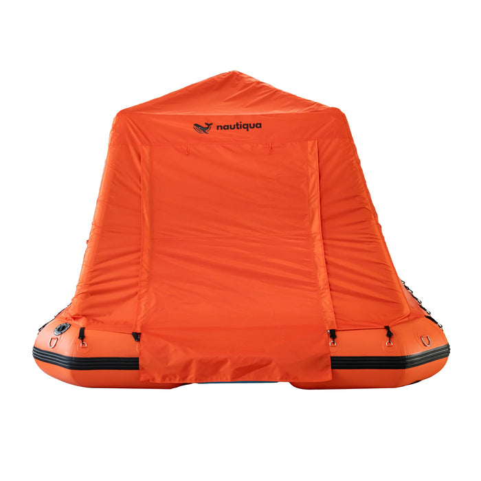 Orange inflatable boat with Nautiqua logo on a white background