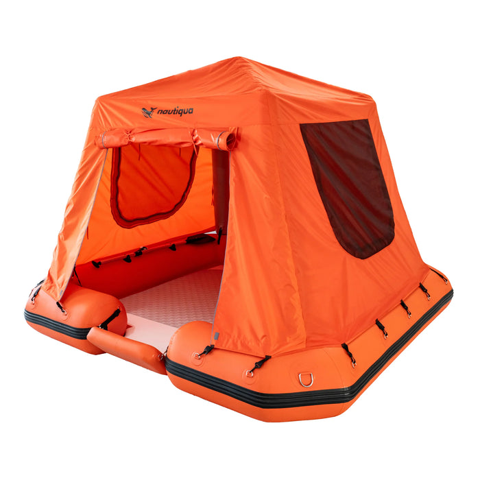 Orange inflatable tent with a visible brand logo on a white background