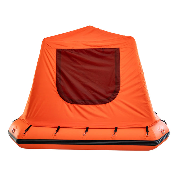 Orange inflatable boat with a canopy on a white background