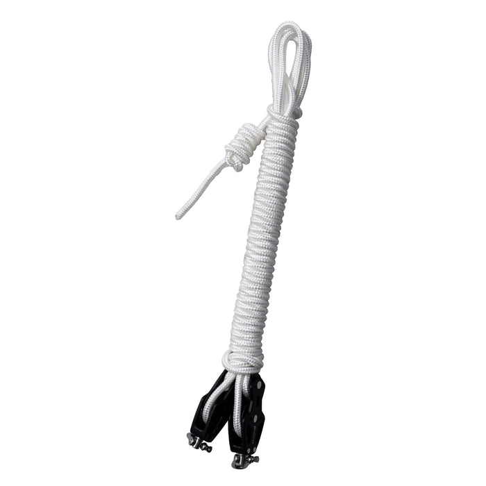 White rope with black metal clip on a white background