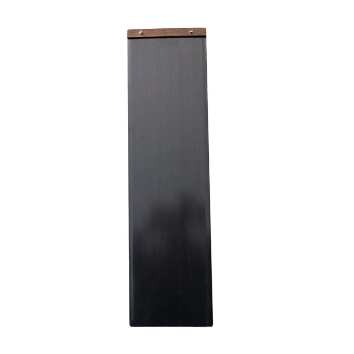 Black rectangular panel with wooden top and bottom on a white background