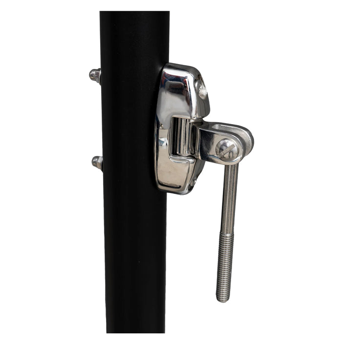 Metal clamp attached to a black pole on a white background