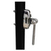 Metal clamp attached to a black pole on a white background
