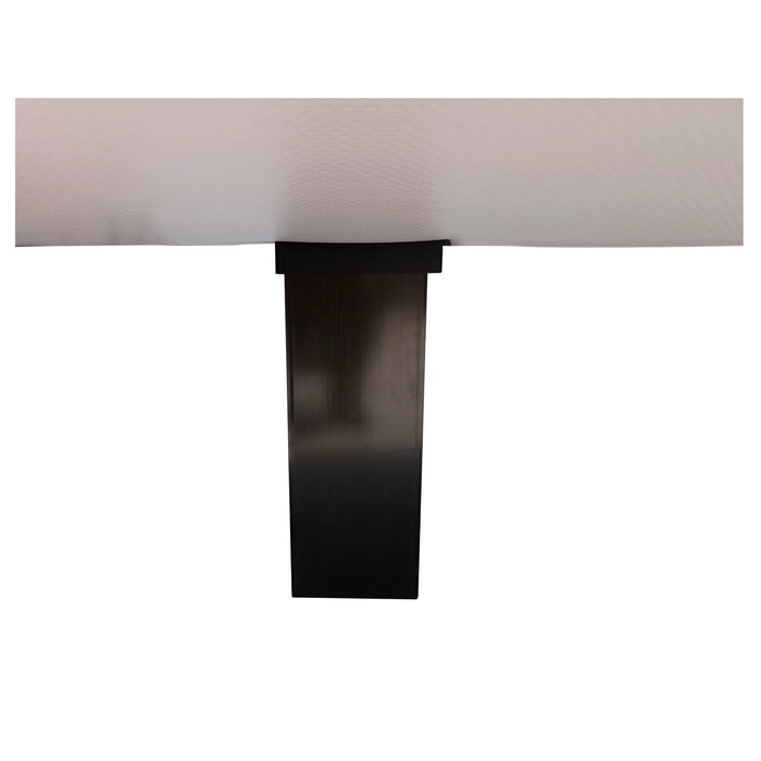 Rectangular table with a light gray top and dark metal base on a white background