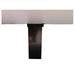 Rectangular table with a light gray top and dark metal base on a white background