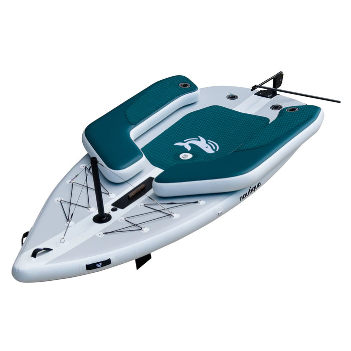 Inflatable stand-up paddleboard with blue deck and white frame on a white background