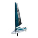 Inflatable sailboard with teal sail on a white background