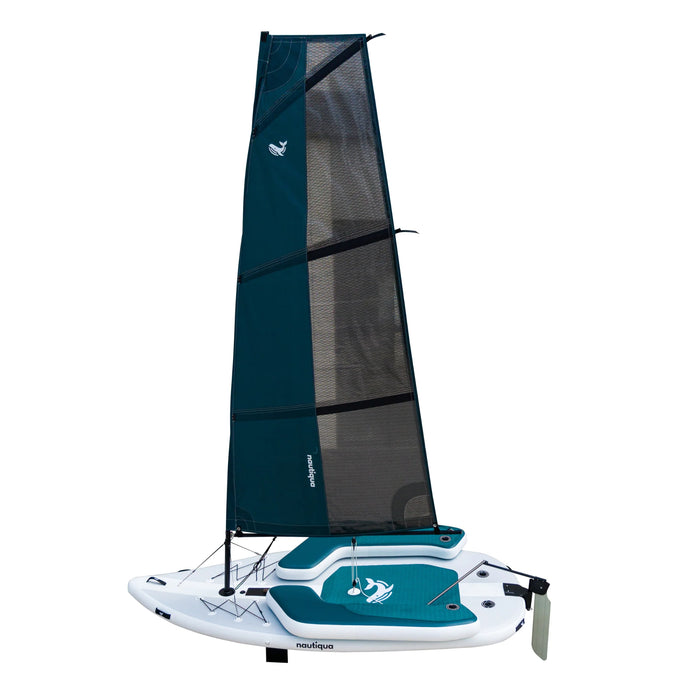 Sailboat with teal sail and white hull on a white background
