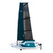 Sailboat with teal sail and white hull on a white background